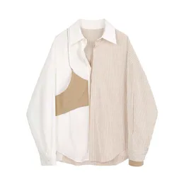 Striped Shirt Kvinnor Design Retro Slå ner Krage Färg Matchande Fake Two-Piece Loose Blouse Höst 210615