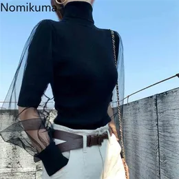 Nomikuma Korean Elegant Turtleneck Knitted Basic Tops Korean Mesh Patchwork Knitwear Autumn Winter Women Pullovers 6D483 210805