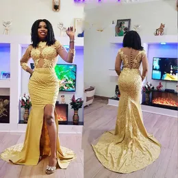 Gold Evening Designer Dresses African Plus Size Beaded Lace Applique Handmade Flowers Sweep Train Covered Buttons Side Slit Prom Party Gown Formal Vestido