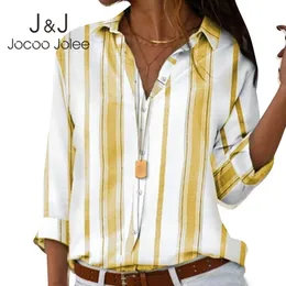 Jocoo Jolee Women Turn Down Collar Loose Shirt Plus Size Tops Spring Summer Long Sleeve Cotton Striped Blouse blusas mujer 210518