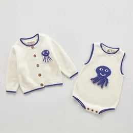 Vår Höst Spädbarn Baby Girls Sticka Långärmad Octopus Coat + Braces Rompers Kläder Ställer Barn Tjej Passar Kläder 210521