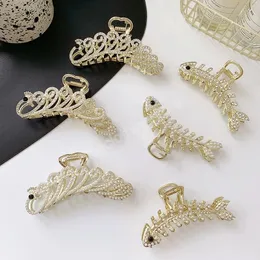 Abrazaderas de metal con diamantes de imitación y perlas para mujer, cola de pavo real, forma de hueso de pescado, pinza para el pelo grande, nuevo tocado de temperamento