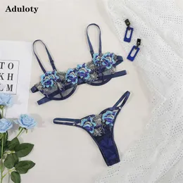 2021 New Women's Underwear Conjunto de seção fina Mesh Bordado Sexy Lingerie Sexy Underwire Reunir Bra Panty Set X0526