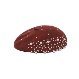 Berets Autumn2021 Winter Beret Women Pearl Solid Wool French French Femme Girls Kawaii Hat Pumpkin Boina Hombre head lead