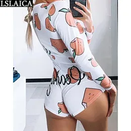 Mono de mujer de manga larga con botones decorados, mono sexy para mujer, mono de salón con estampado de corte bajo, ajustado, informal, 210520