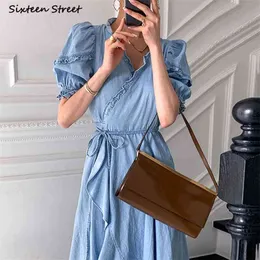 Vintage Summer Dżinsy Dress Kobieta V-Neck Niebieski Rękaw Puff Vestido Feminino Odzież Koreański Chic Eleganckie Maxi Dresses Kobieta 210603