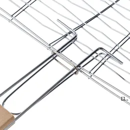 NewStainless Steel Non-stick Meshes Trähandtag Grillad fisk Grill Clip Net Outdoor Burgers BBQ Tools Grill Fisk Grill Clip EWD7699