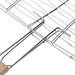 Newstainless Steel Non-Stick Meshes Drewno Rękojeść Ryba Grillowana Ryba Grill Clip Netto Outdoor Burgery BBQ Narzędzia Grill Fish Grill Klip EWD7699