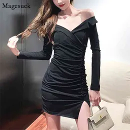 Aututmn Long Sleeve Black Dress Women Off Shlouder Sexy Bodycon Short Mini Pleated Party es Vestidos 12343 210512