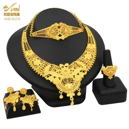 Schmuck Dubai Damen Halskette Hochzeit Schmucksets Afrikanische vergoldete Braut Ohrringe Ringe Set Designer Schmuck Zubehör H1022