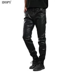 Idopy Mäns Höst Faux Läder Joggare Harem Byxor Motorcykel Ankle Zipper Elastiska Midja Drawstring PU Byxor för manliga män