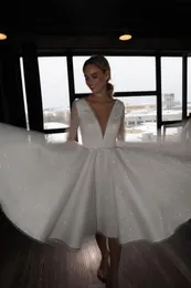 Plus simples sparkly tamanho a linha vestidos de casamento profundo decote em v manga longa ilusão na altura do joelho vestidos de noiva vestidos de novia estios