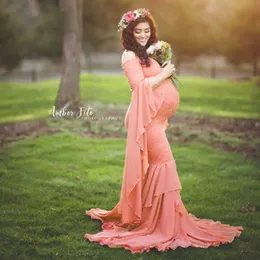 Sjöjungfru axelfri maternity shoot klänning spets långa graviditet klänning ruffles gravida kvinnor maxi moderskap gown för fotografering y0924