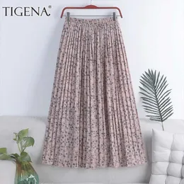 TIGENA Chiffon Long Pleated Skirt Women Fashion Summer Floral Print Holiday A Line High Waist Maxi Skirt Female Aesthetic 210708