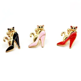 12 stks / partij mode-sieraden accessoires ontwerp metalen emaille schattige kitty kat hoge hak schoen badge broche pin