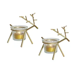 Ljushållare 2 st Reindeer Tea Light Holder Iron Art Candlestick och Transparent Cup Julbordsstativ (Golden)