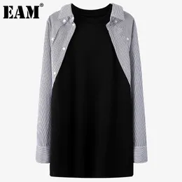 [Eam] Kvinnor Black Button Striped Spliced ​​Spliced ​​Big Storlek T-shirt Round Neck Långärmad Mode Vår Höst 1DD6341 21512