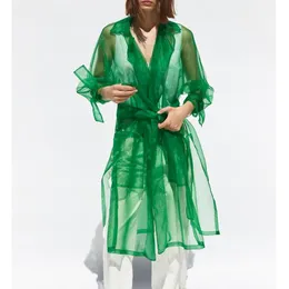 Women's Trench Coats Chic Women Green Organza Coat 2021 Autumn Ladies Long Style Transparent Summer Sunscreen Outwear