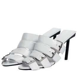 2024 Kvinnor damer äkta riktiga läder höga klackar sommar avslappnade sandaler flip-flops spänne bröllopsklänning gladiator sexiga skor vit färg stor storlek 34-44