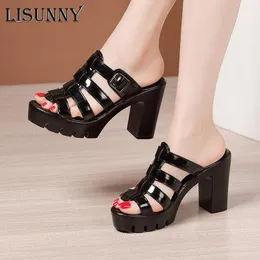 LISUNNY TOE Slippers High Peep Heels Slides Patent Patent Leather Women Shoes Summer 2021 Buckle Platform Ladies Office Party