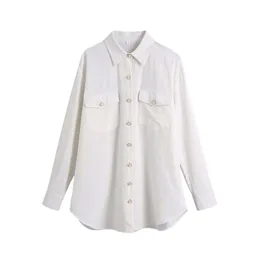 Eleganckie kobiety Solid Pearl Button Koszule Moda Ladies Kieszonkowy Bawełniane Topy Streetwear Kobieta Chic Odwróć kołnierz Bluzki 210427
