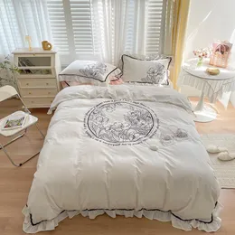 Bedding Sets Luxury Vintage Flower Embroidery Princess Set Ruffles 400TC Washed Cotton Duvet Cover Quilt Bed Linen Pillowcases