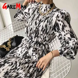 Spring Dresses For Women Long Sleeve Knee Length Casual Vintage Floral White Print Korean Elegant Straight Chiffon Dress 210428