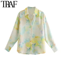 Kadın Moda Kravat-Boya Baskı Yumuşak Dokunmatik Bluzlar Vintage Uzun Kollu Button-up Kadın Gömlek Blusas Chic Tops 210507