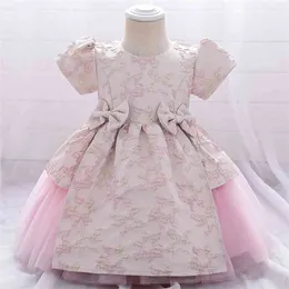 Baby girls pufll ärm formell klänning till födelsedag född båg tulle hyllning broderi princess kostym 210529