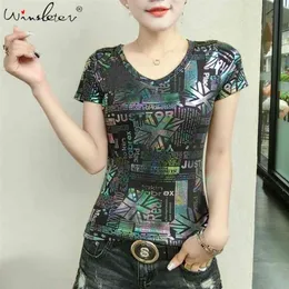 Yaz Avrupa Giysileri T-shirt Chic Seksi Sequins Yaldız Kadınlar Tops Ropa Mujer Gömlek Kısa Kollu Botting Gömlek Tees T06321 210324