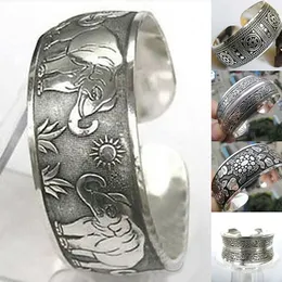 Vintage Tybetański Silver Elephant Rzeźbione Open Bangle Cuff Wide Bransoletka Biżuteria Q0719