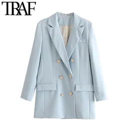 TRAF Women Fashion Office Wear Double Breasted Blazer Coat Vintage Long Sleeve Back Vents Female Outerwear Chic Tops 211122
