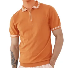 Mens Polos Orange Shirt Business Male Turn-Down Skjortor Sommar Striped Slim Tops Pullover Män Casual Button Design Kortärmad