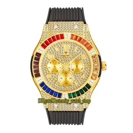 Missfox Eternity V315 2 Hip Hop Fashion Mens Klockor CZ Diamant Inlay Gold Dial Quartz Movement Men Watch Iced Out Rainbow Diamonds Bezel Alloy Case Gummi Rem