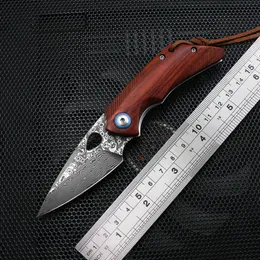 Mini Damascus high hardness folding knife Red acid branch wood handle EDC outdoor cutter adventure hunting knife