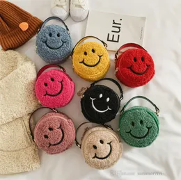 INS Girls Fleece Circular Handbag Children Smile Embroidered Messenger Bags Kids Single Shoulder Princess Mini Tote