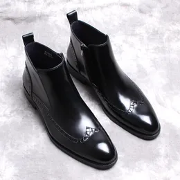 Męskie czarne czarne oryginalne skórzane buty retro skrzydło brogues kostki buty gumowe sukienki buty włoskie męskie kowbojskie buty