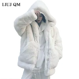 Winter Faux Fur Coat Women High Quality Korean Loose Imitation Rex Rabbit Fur Coat Plus Size Thick Warm Hooded Jacket 210910