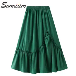 SURMIITRO SOMMER MIDI Long Pleated Kjol Kvinnor Koreansk stil Grön Laceiness Mid-Length High Waist A Line Kjol Kvinna 210712