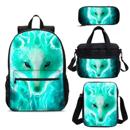 School Bags Green Wolf Pattern 3D Print Backpack Set 4 Pcs Bag For Child Student Book Back To Gift237W