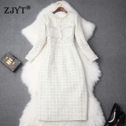 Runway Fashion Beading Plaid Tweed Woolen Dress Women Autumn Winter Clothes Elegant Office Lady Festa White Party Vestidos 210601