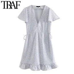 Women Elegant Fashion Floral Print Ruffled Mini Dress Vintage Short Sleeve Adjustable Tied Female Dresses Vestidos 210507