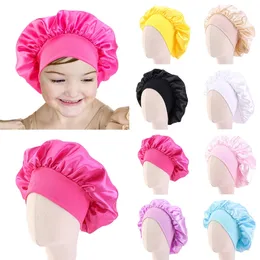 Silky Satin Caps Solid Wide Elastic Slaaphoed Girl Night Slaap Cap Haarverzorging Bonnet Notheken Kinderen Unisex Cap Bonnet Bandanas