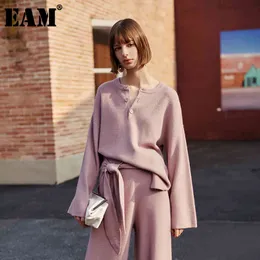 [EAM] Przycisk Split Knitting Sweter Luźne Fit Round Neck Długi Rękaw Kobiecy Sweter Moda Wiosna Jesień 1H830 21512