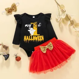 Giyim Setleri Bebek Kız Giysileri Set Sonbahar Kış Uzun Kollu Uzun Kollu Baskı Bodysuits + Cadılar Bayramı Baskı Etek Kafa Suit