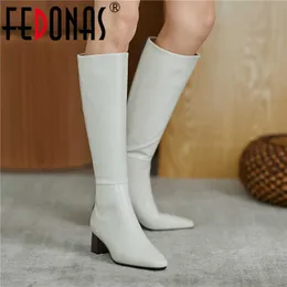 Boots Long Slim Fashion INS Thick Heels Shoes Woman Genuine Leather Working Casual Wedding Knee High 210 74