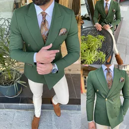 ハンサムなダークグリーン男性の結婚式タキシードダブルブレストグルーゲットスーツパーティープロムブレザー服ビジネスを着てワンピースを着用