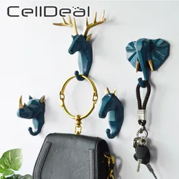 1pc Deer Elephant Unicorn Rhinoceros Head Animal Resin Hook Clothing Display Racks Coat Hanger Cap Room Decor Show Wall Bag 220311