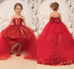 Lovely Red Ball Gown Flower Girl Dresses for Weddings Sheer Jewel Neck Lace Girls Formal Kids Wear First Communion Gowns Pageant Party Dress with Detachable Train