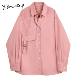 Bluzka Yitimuceng Bluzka Kobiety Koszule Luźne Różowe Solidna Wiosna Kołnierz Kołnierz Koszula Rękaw Single Breasted Fashion Odzież 210601